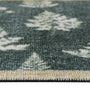 Close-up of a textured area runner showing a dark green background with a repeating light beige pine tree pattern and a beige stitched border.