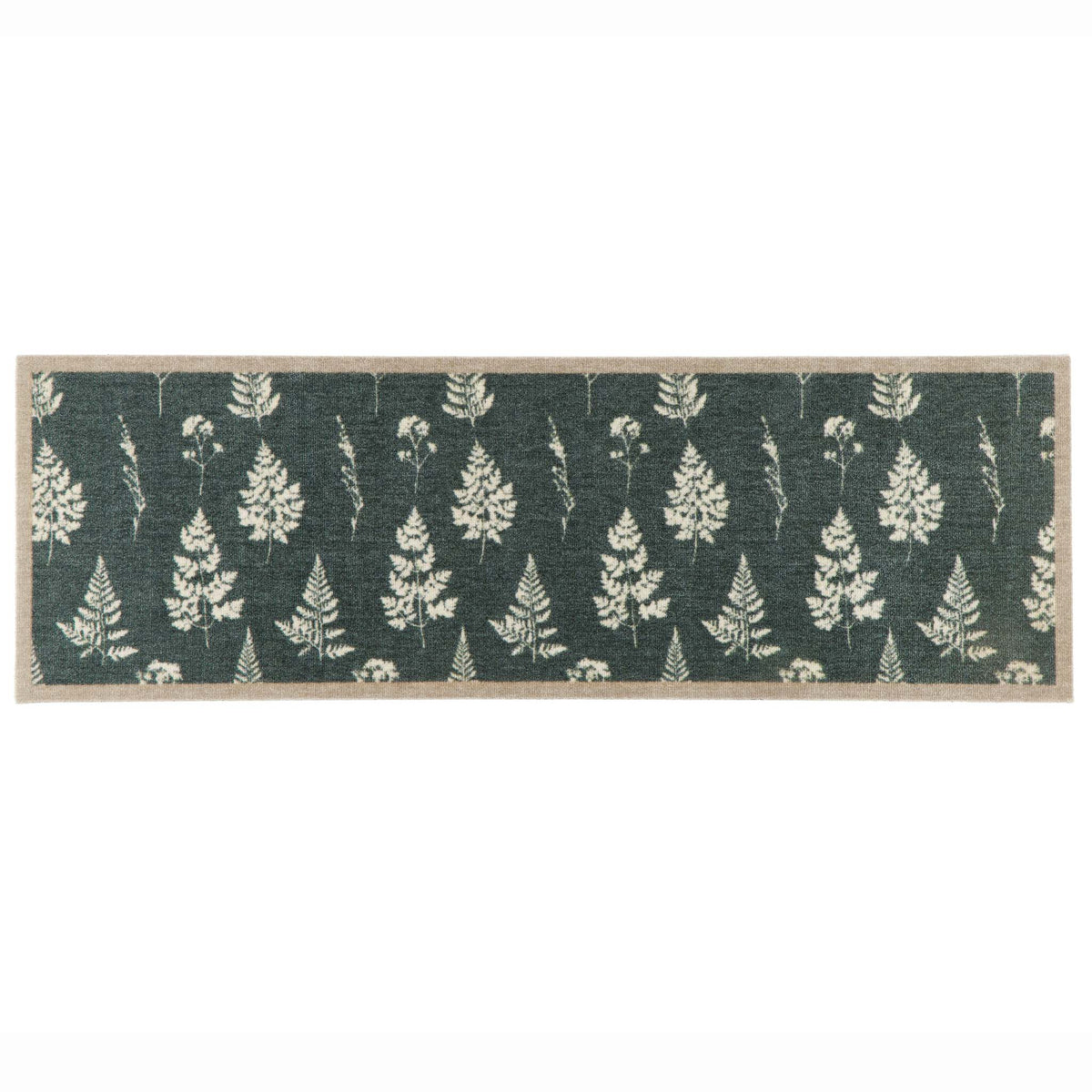 A rectangular runner with a green background featuring a repeating pattern of cream-colored pine trees and a natural tan border.