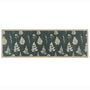 A rectangular runner with a green background featuring a repeating pattern of cream-colored pine trees and a natural tan border.