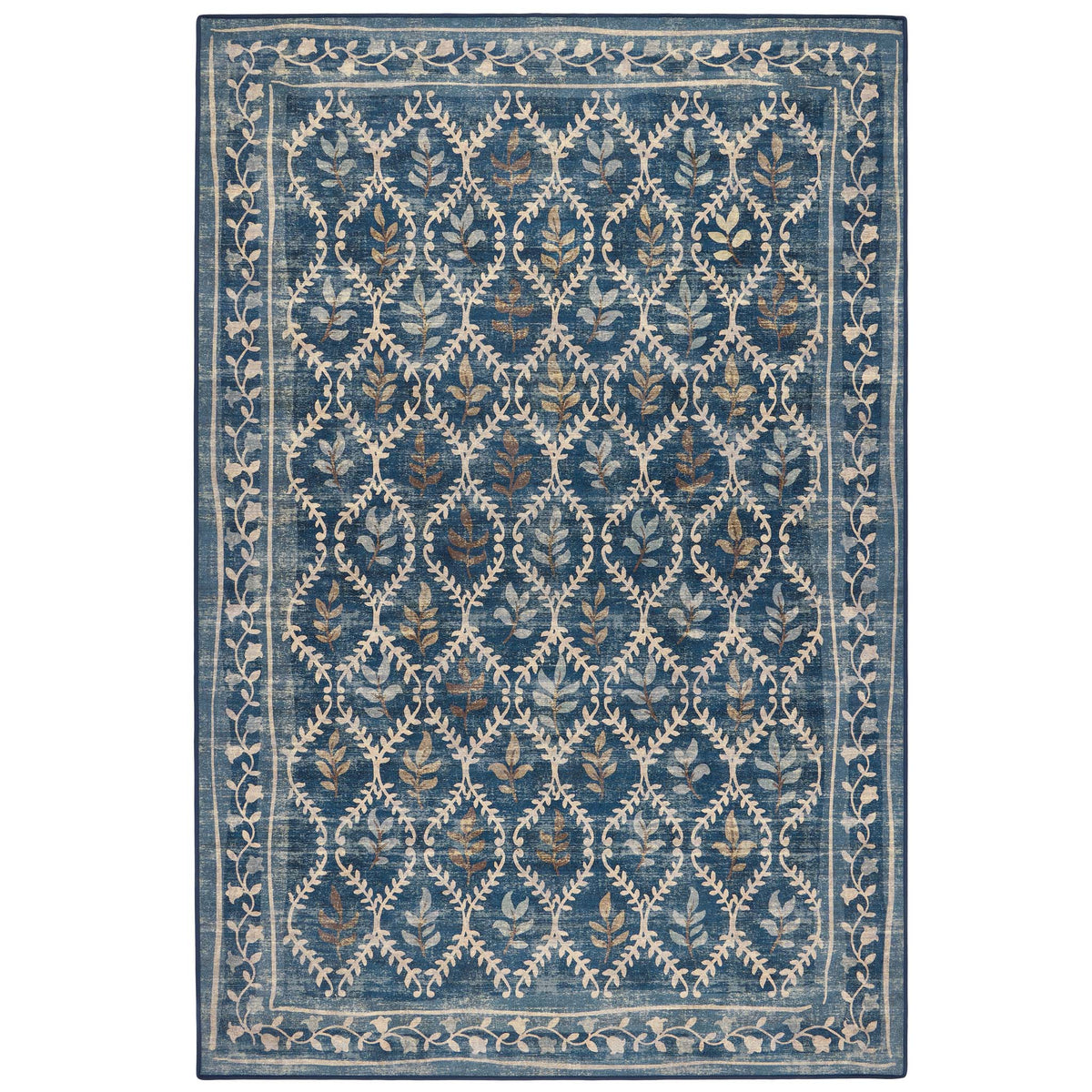 A rectangular area rug with a traditional ikat-style pattern in shades of blue, beige, and muted brown, shown flat against a white background.