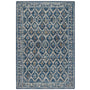 A rectangular area rug with a traditional ikat-style pattern in shades of blue, beige, and muted brown, shown flat against a white background.