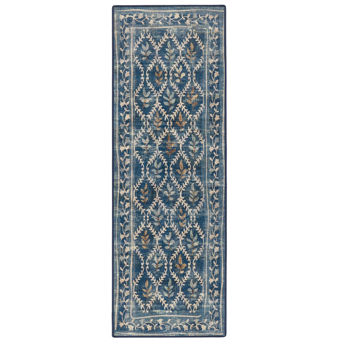 A long rectangular area rug with a distressed blue background and an intricate cream and brown floral lattice pattern.