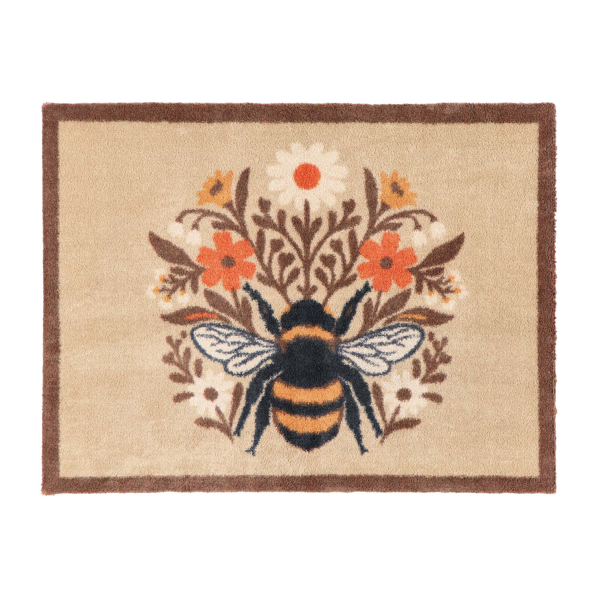 A rectangular doormat with a natural beige background, a dark brown border, and a central bumblebee motif surrounded by orange, white, and yellow flowers.