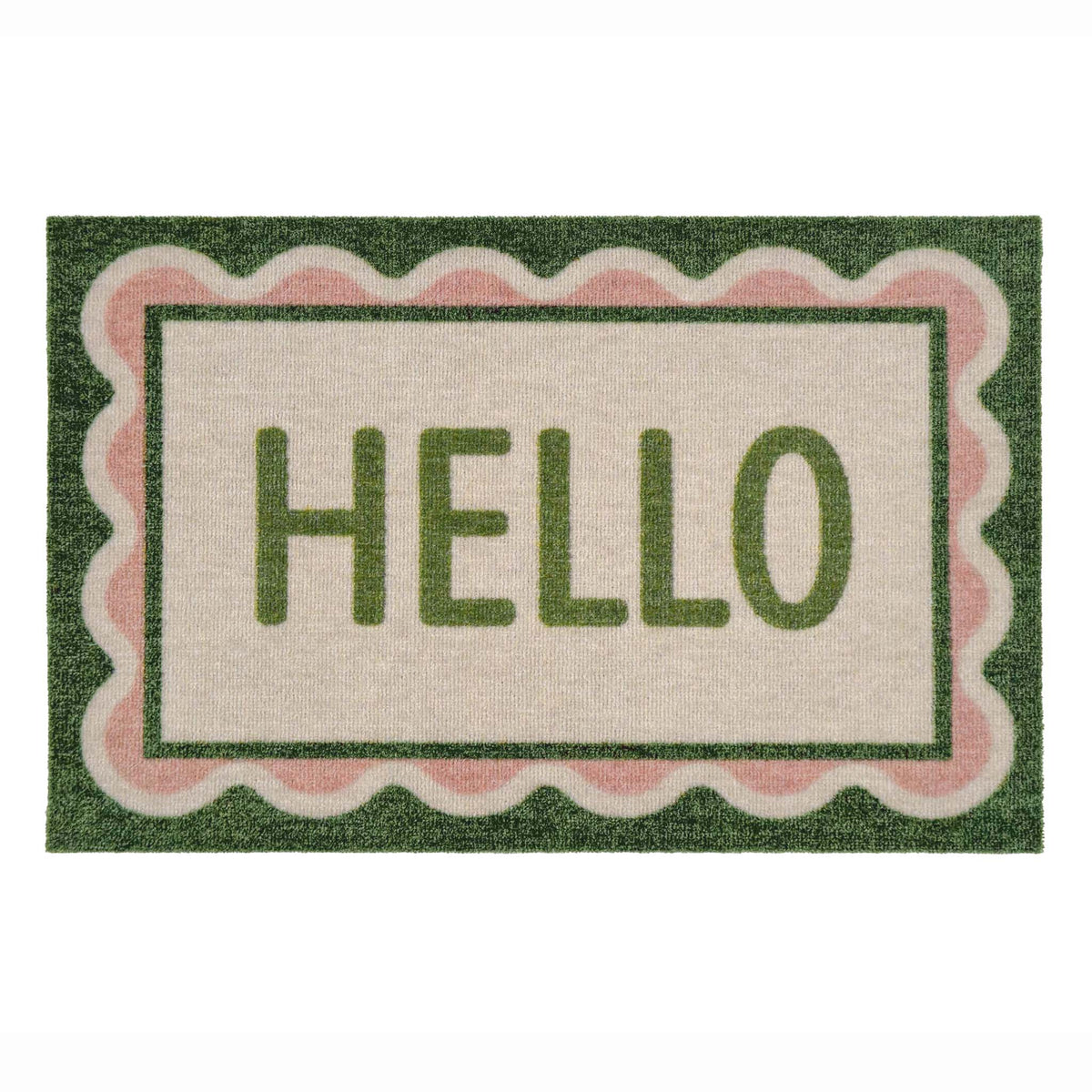 A rectangular doormat with a scalloped border and the word 'HELLO' in large green letters on an off-white center panel, shown on a plain white background.