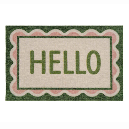A rectangular doormat with a scalloped border and the word 'HELLO' in large green letters on an off-white center panel, shown on a plain white background.