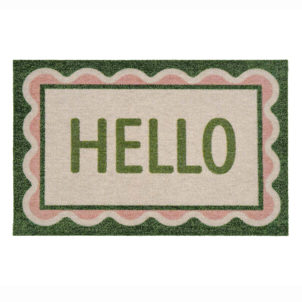 A rectangular doormat with a scalloped border and the word 'HELLO' in large green letters on an off-white center panel, shown on a plain white background.