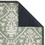 Sanderson By Highgrove x Hug Rug Highgrove Damask Silver Green with a traditional style pattern showing the rubber backing.