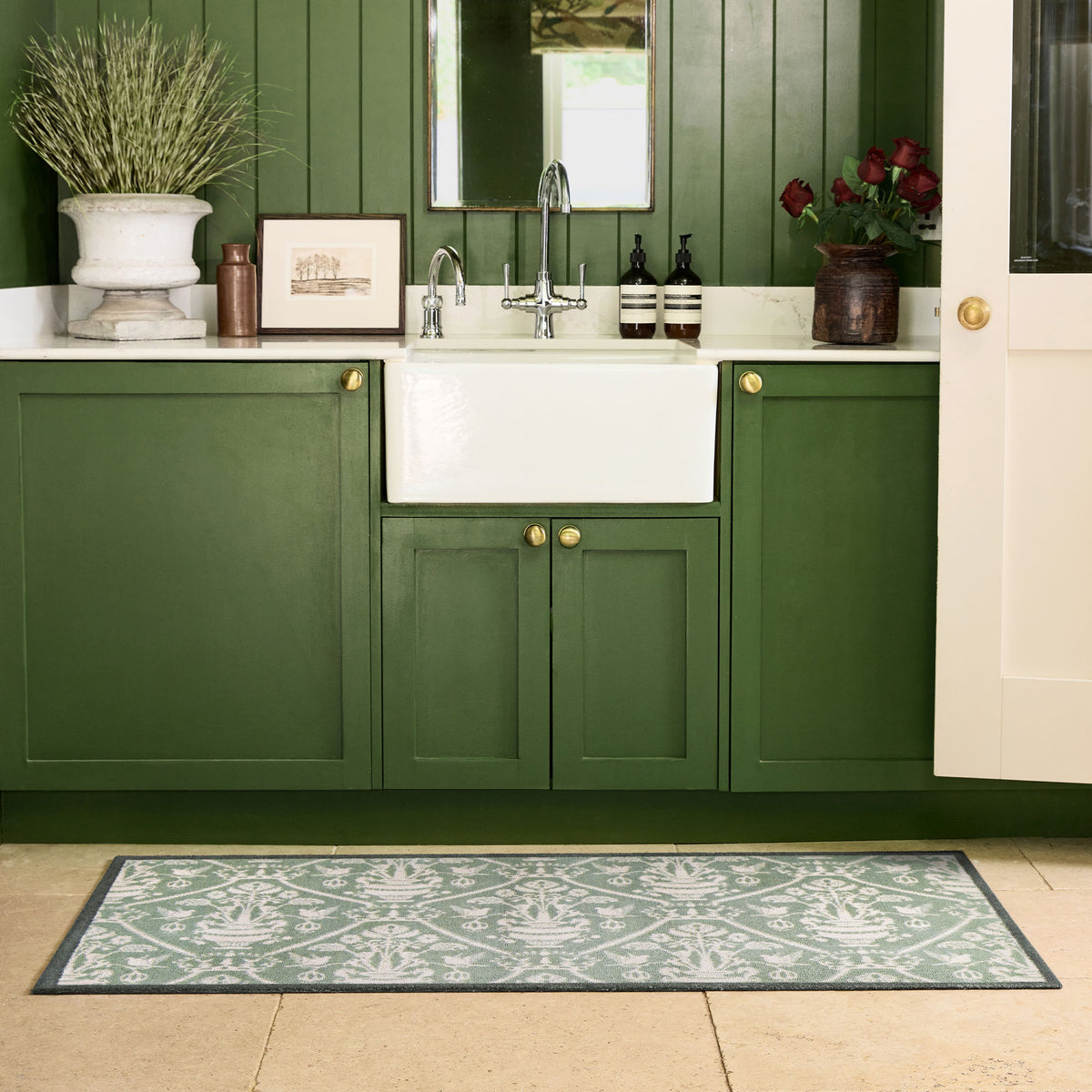 Sanderson By Highgrove x Hug Rug Highgrove Damask Silver Green Runner with a traditional style pattern, styled by the sink.