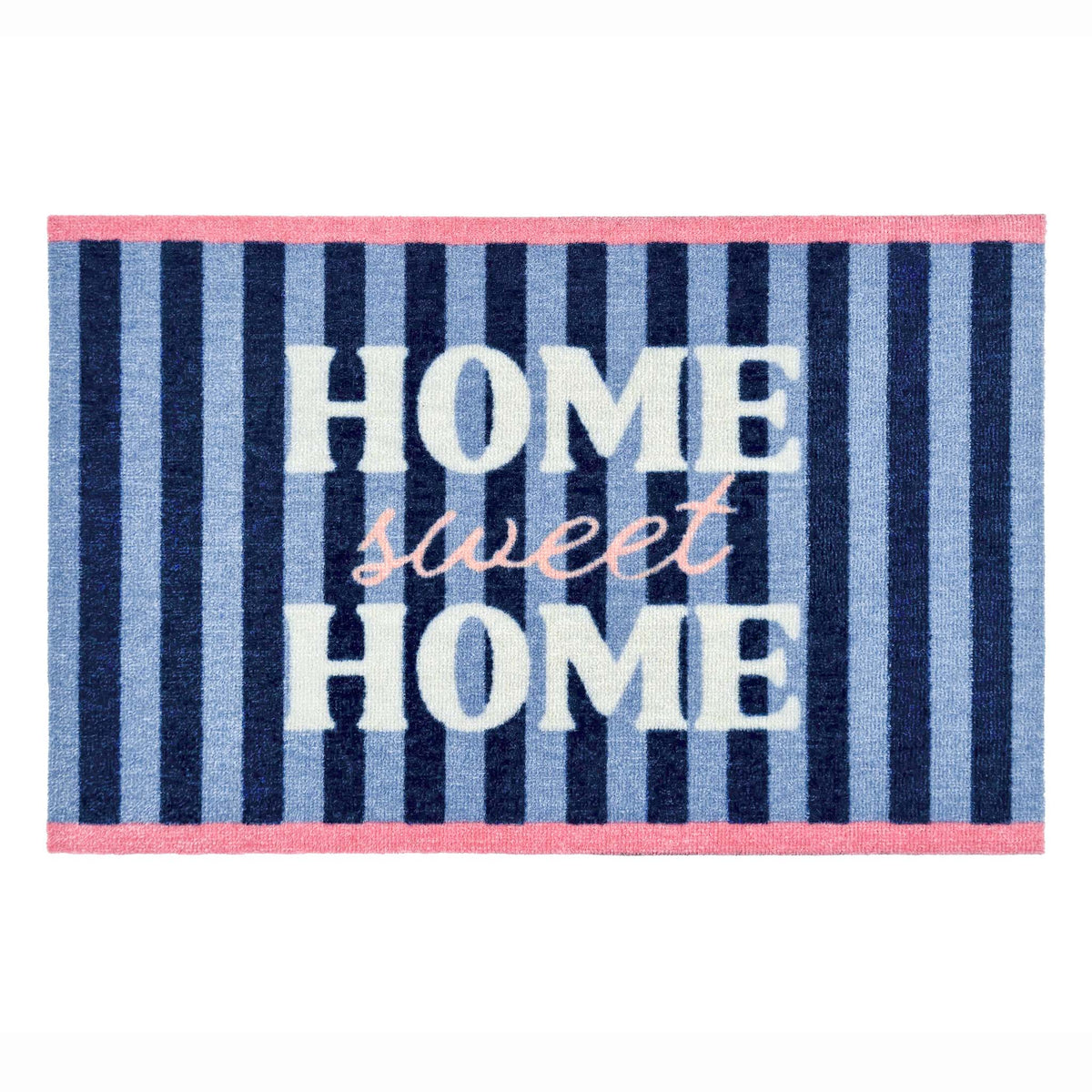 A rectangular doormat with vertical navy, medium blue, and light blue stripes, featuring the words 'HOME sweet HOME' in white and pink lettering, finished with pink borders at the top and bottom.
