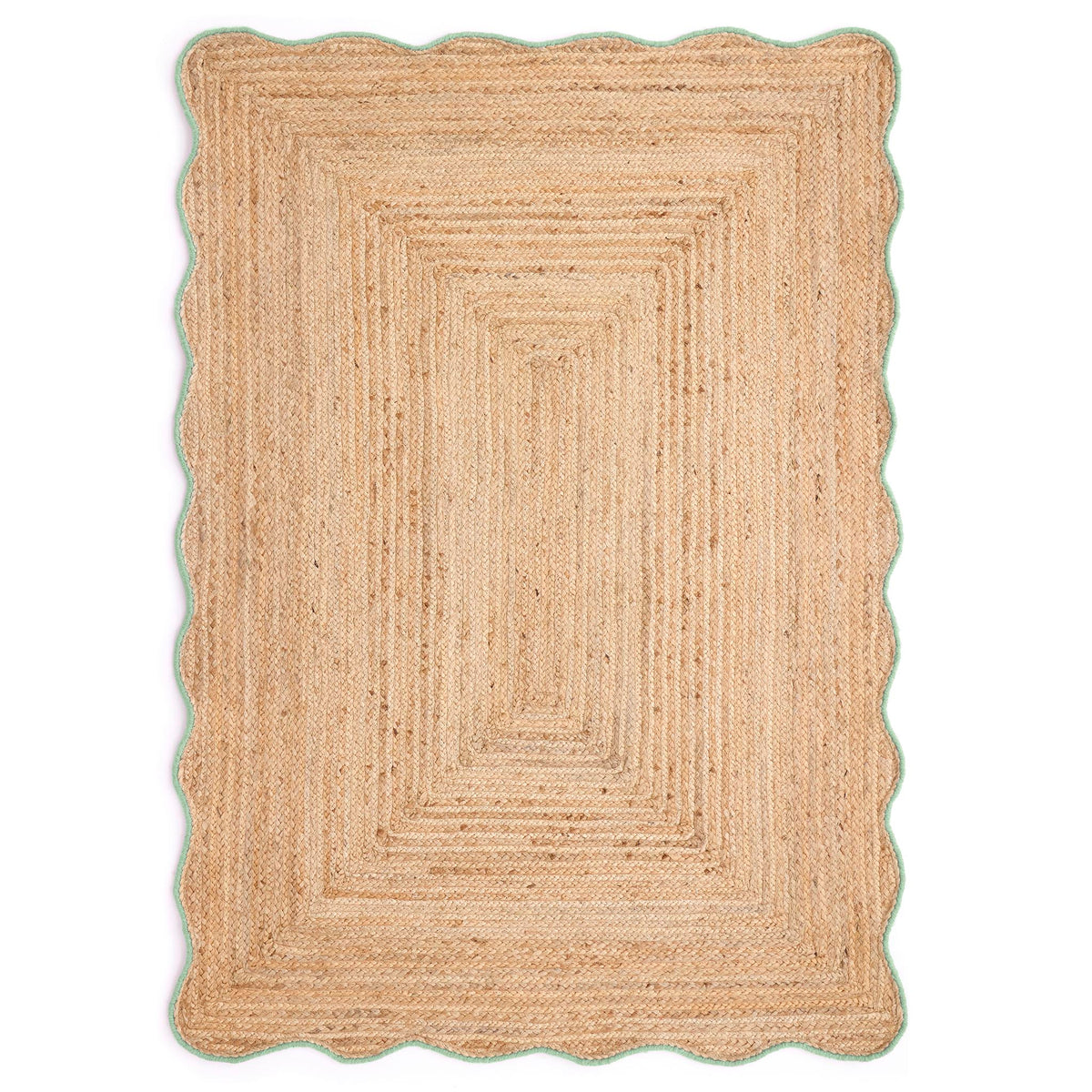 Jute Scalloped Edge Green Rug-  natural jute rug with a green wool whipped border.