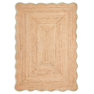 Jute Scalloped Edge Green Rug-  natural jute rug with a green wool whipped border.