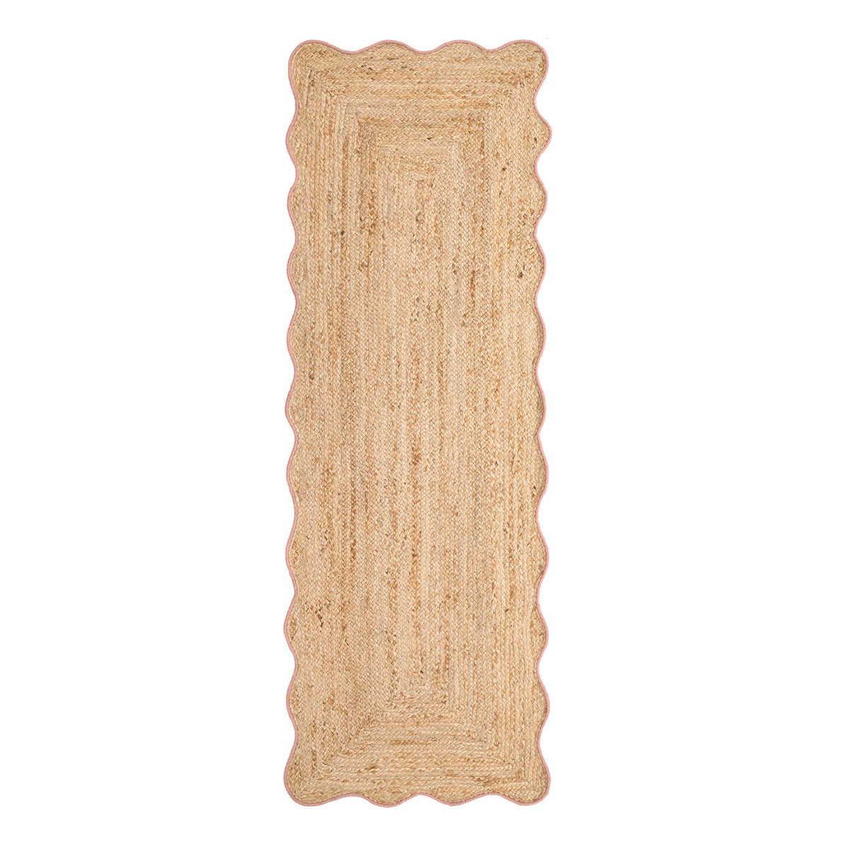 Jute Scalloped Edge Peach Rug- A jute rug with a pink wool wipped edge border.