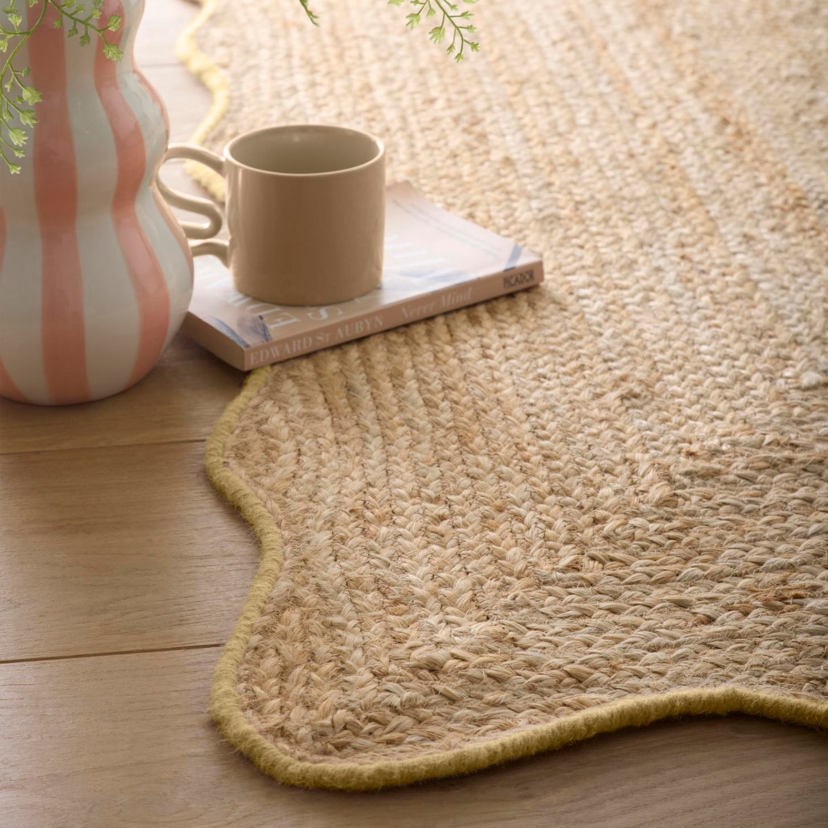 Jute Scalloped Edge Yellow Rug-  natural jute rug with a yellow wool whipped border.