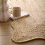 Jute Scalloped Edge Yellow Rug-  natural jute rug with a yellow wool whipped border.
