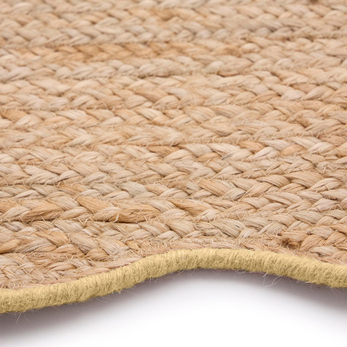 Jute Scalloped Edge Yellow Rug-  natural jute rug with a yellow wool whipped border.