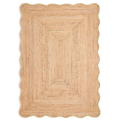 Jute Scalloped Edge Yellow Rug-  natural jute rug with a yellow wool whipped border.