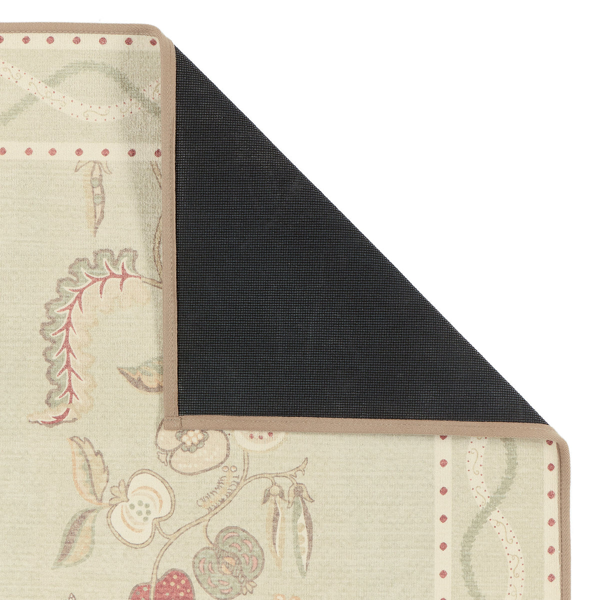 Close-up of Sanderson By Highgrove x Hug Rug Eco-Washable Kitchen Garden Olive & Russet with a floral design showing rubber backing.