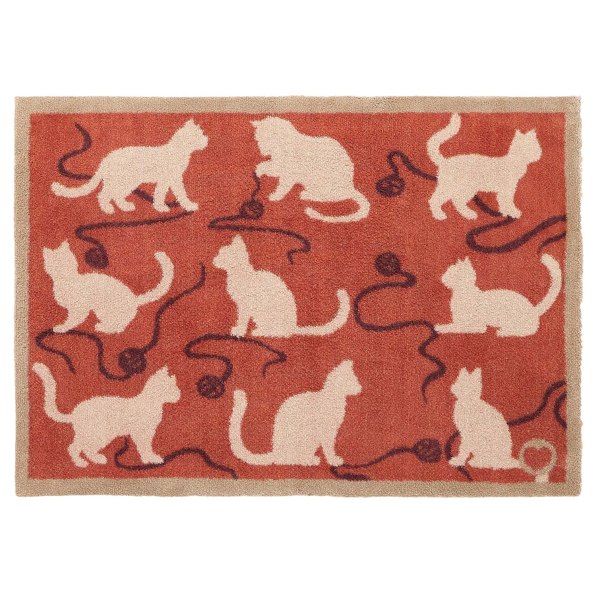 Kitty Cat Rust Doormat- 100% recycled cotton doormat featuring cats playing with yarn.