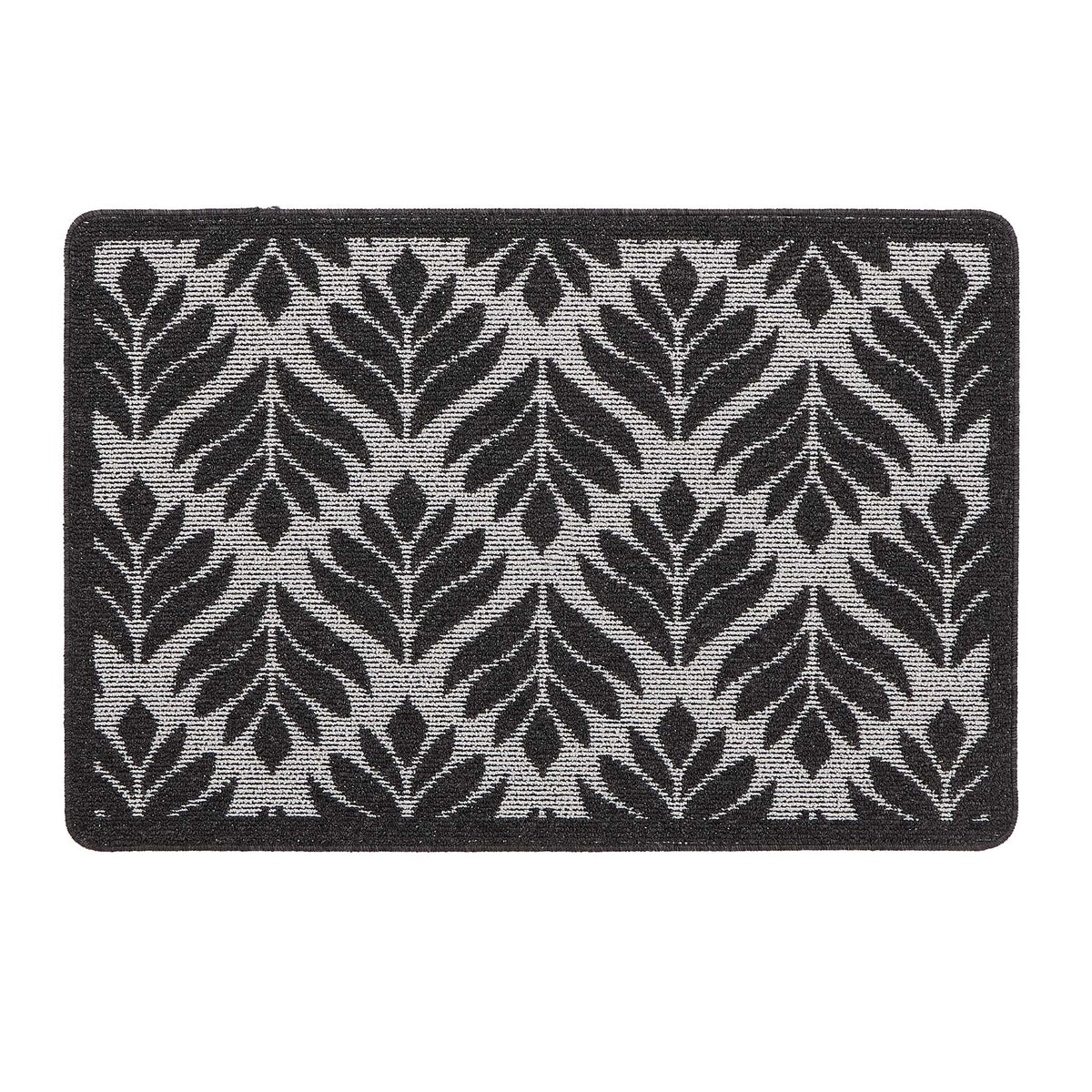 My Mat Stain Resistant Leaf Silver & Charcoal- Washable doormat featuring a repeated leaf pattern against a silver background.