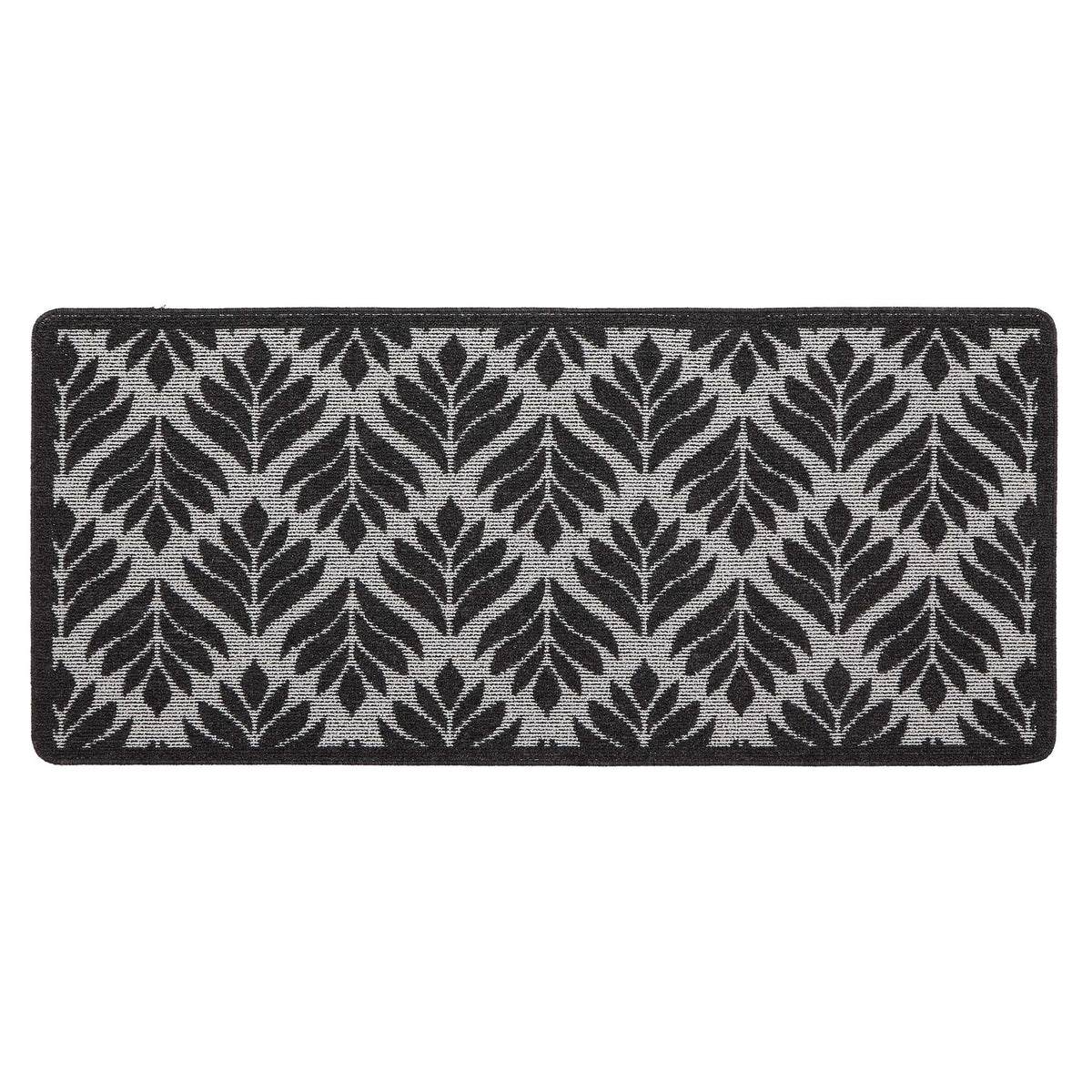 My Mat Stain Resistant Leaf Silver & Charcoal- featuring a repeated leaf pattern against a silver background.