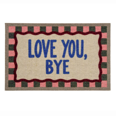 A rectangular doormat with the words 'LOVE YOU, BYE' in blue text, surrounded by a dark red wavy border and a pink and dark green checkered outer border, shown on a plain white background.