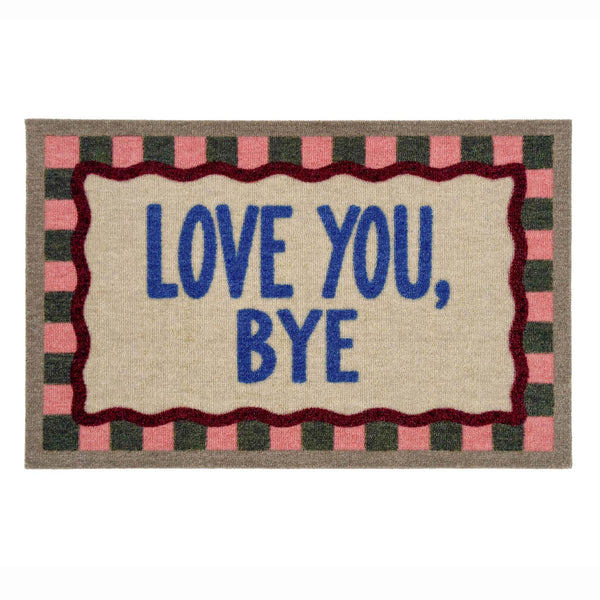 A rectangular doormat with the words 'LOVE YOU, BYE' in blue text, surrounded by a dark red wavy border and a pink and dark green checkered outer border, shown on a plain white background.
