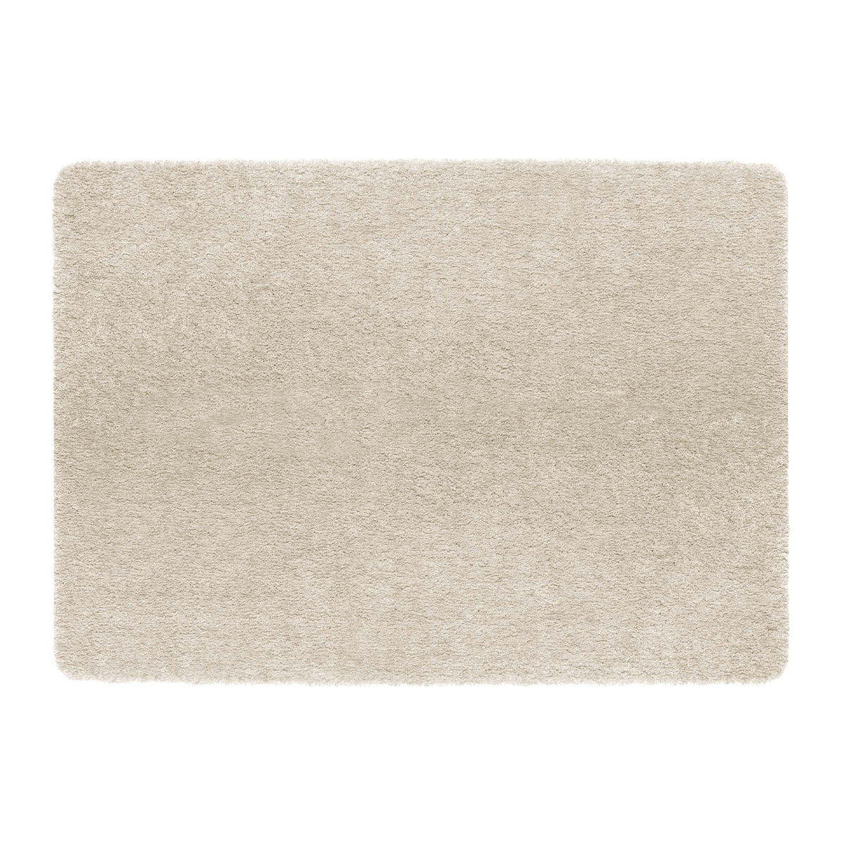 A rectangular shag area rug in a light beige or cream color, shown from a top-down view on a solid white background.