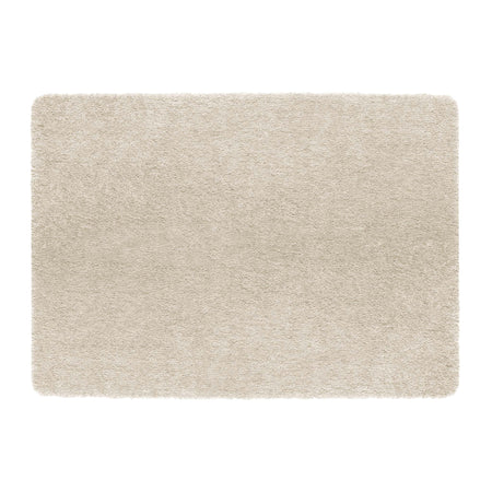 A rectangular shag area rug in a light beige or cream color, shown from a top-down view on a solid white background.