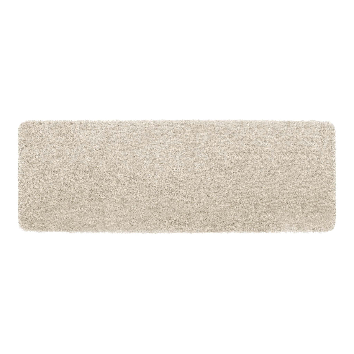 A rectangular shag area rug in a light beige or cream color, shown from a top-down view on a solid white background.