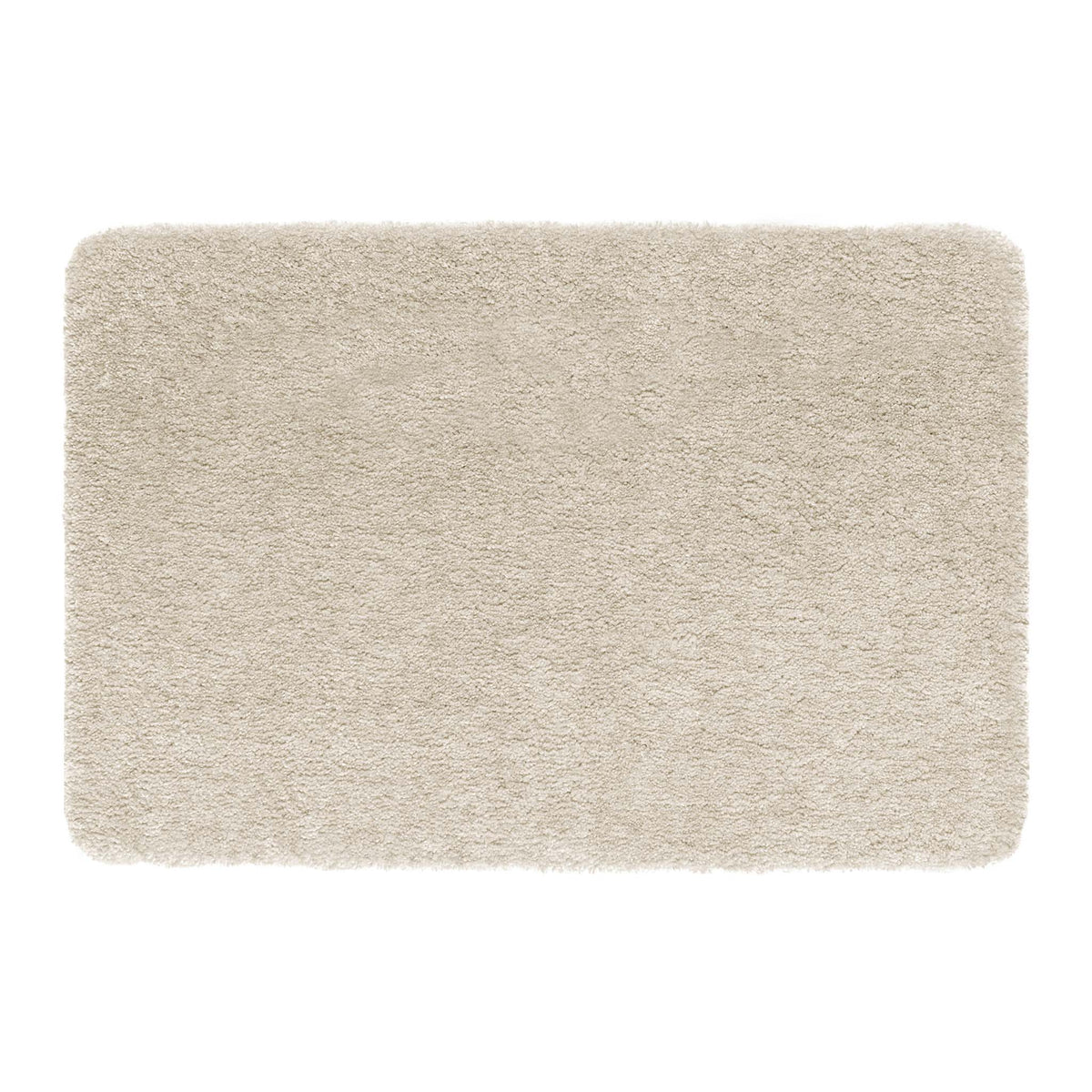 A rectangular shag rug in a light beige or cream color, shown from a top-down view on a solid white background.