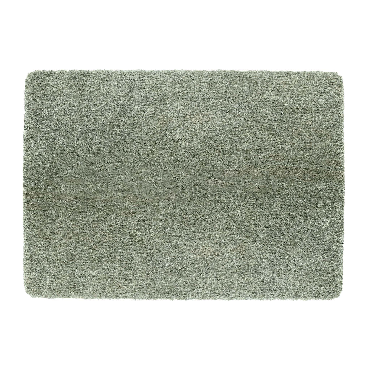 A rectangular shag rug in a muted sage green color, shown from a top-down view on a solid white background.