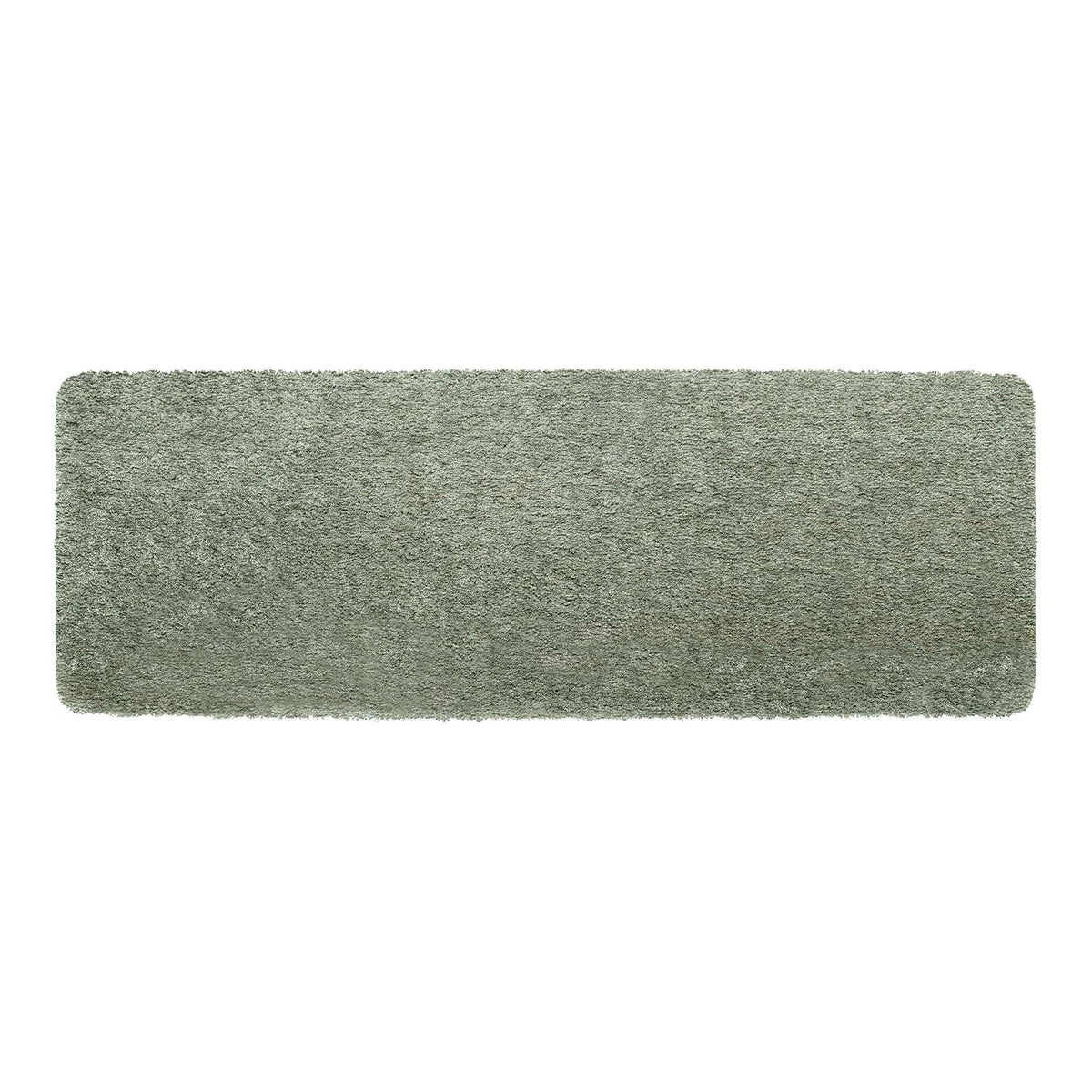 A rectangular shag rug in a muted sage green color, shown from a top-down view against a plain white background.