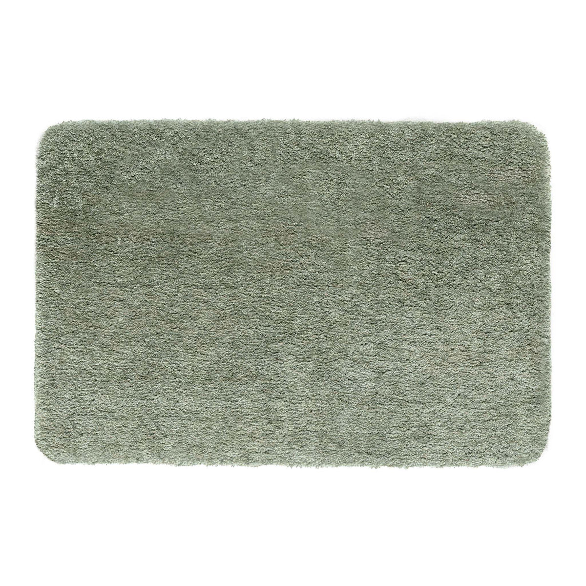 A rectangular, high-pile shag rug in a muted sage green color, shown from a top-down view on a plain white background.