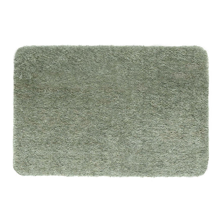 A rectangular, high-pile shag rug in a muted sage green color, shown from a top-down view on a plain white background.