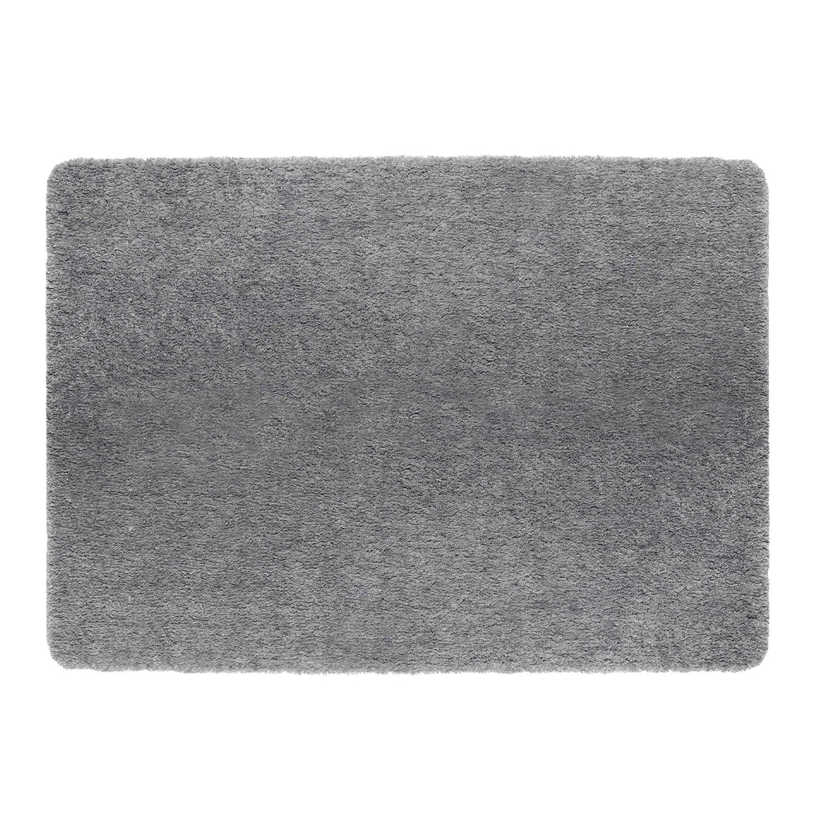 A rectangular gray shag rug with rounded corners, shown from a top-down view on a solid white background.