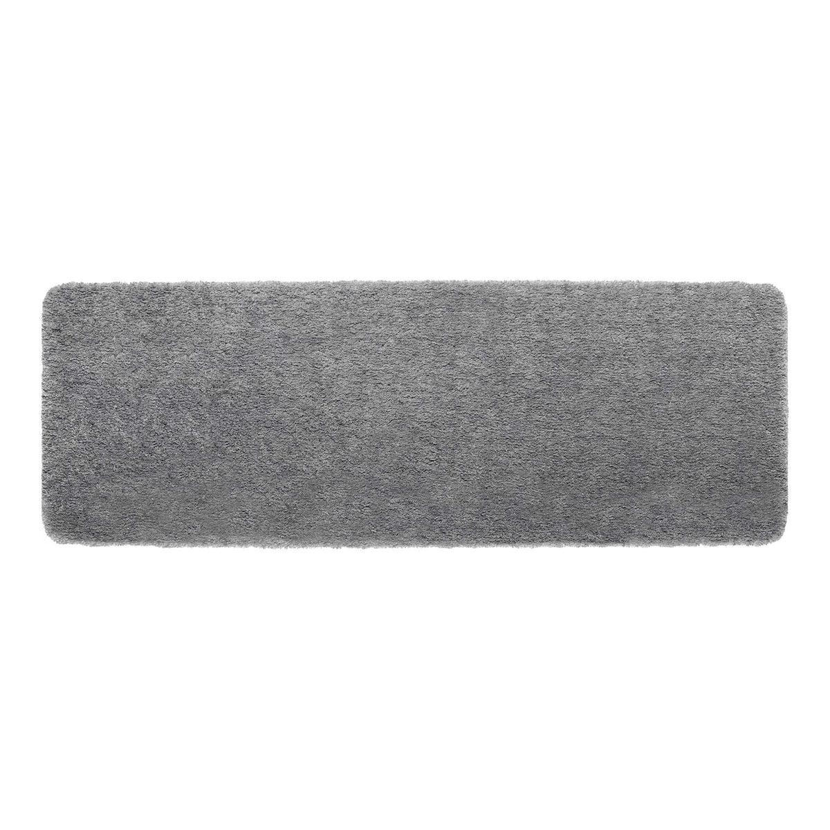 A rectangular gray shag rug with rounded corners, shown from a top-down view on a solid white background.