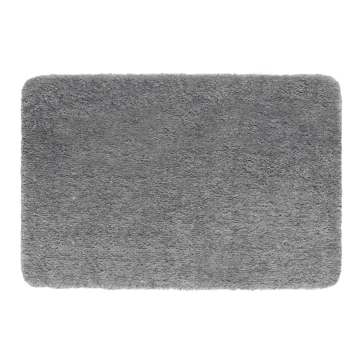 A rectangular gray shag rug with rounded corners, shown from a top-down view on a solid white background.