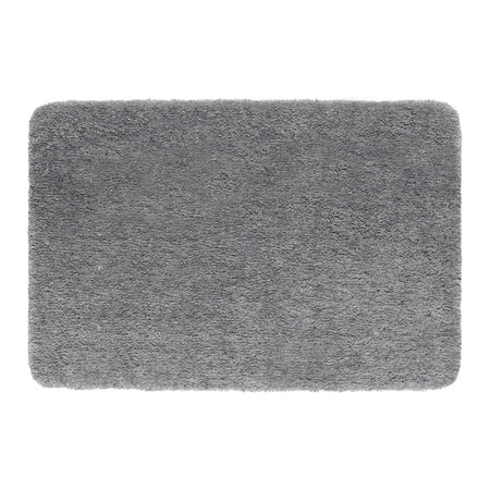 A rectangular gray shag rug with rounded corners, shown from a top-down view on a solid white background.