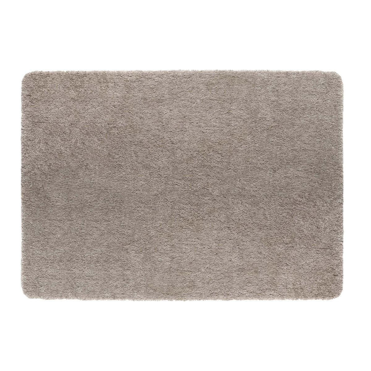 A rectangular shag rug in stone, shown from a top-down view on a solid white background.