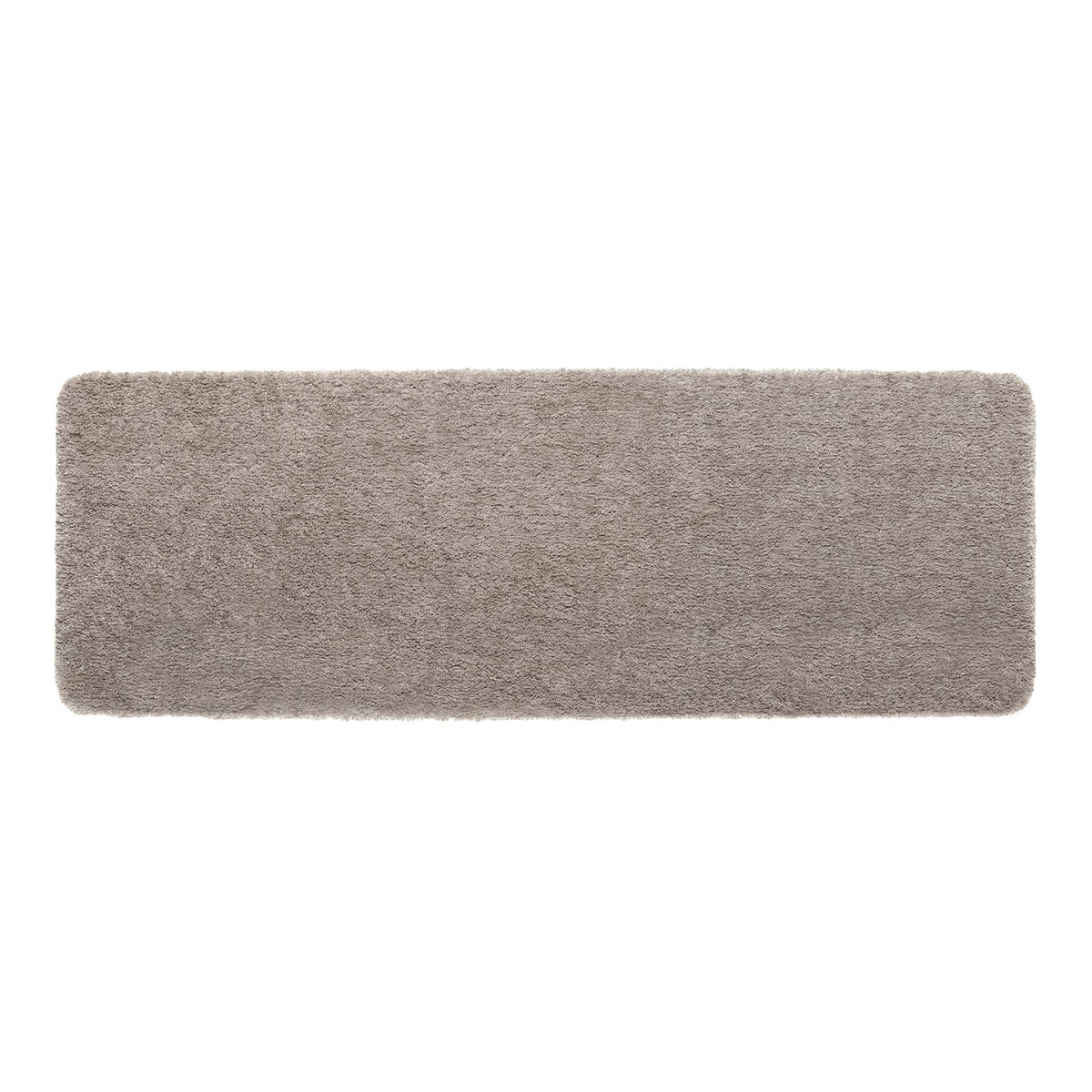 A rectangular shag rug in stone, shown from a top-down view on a solid white background.