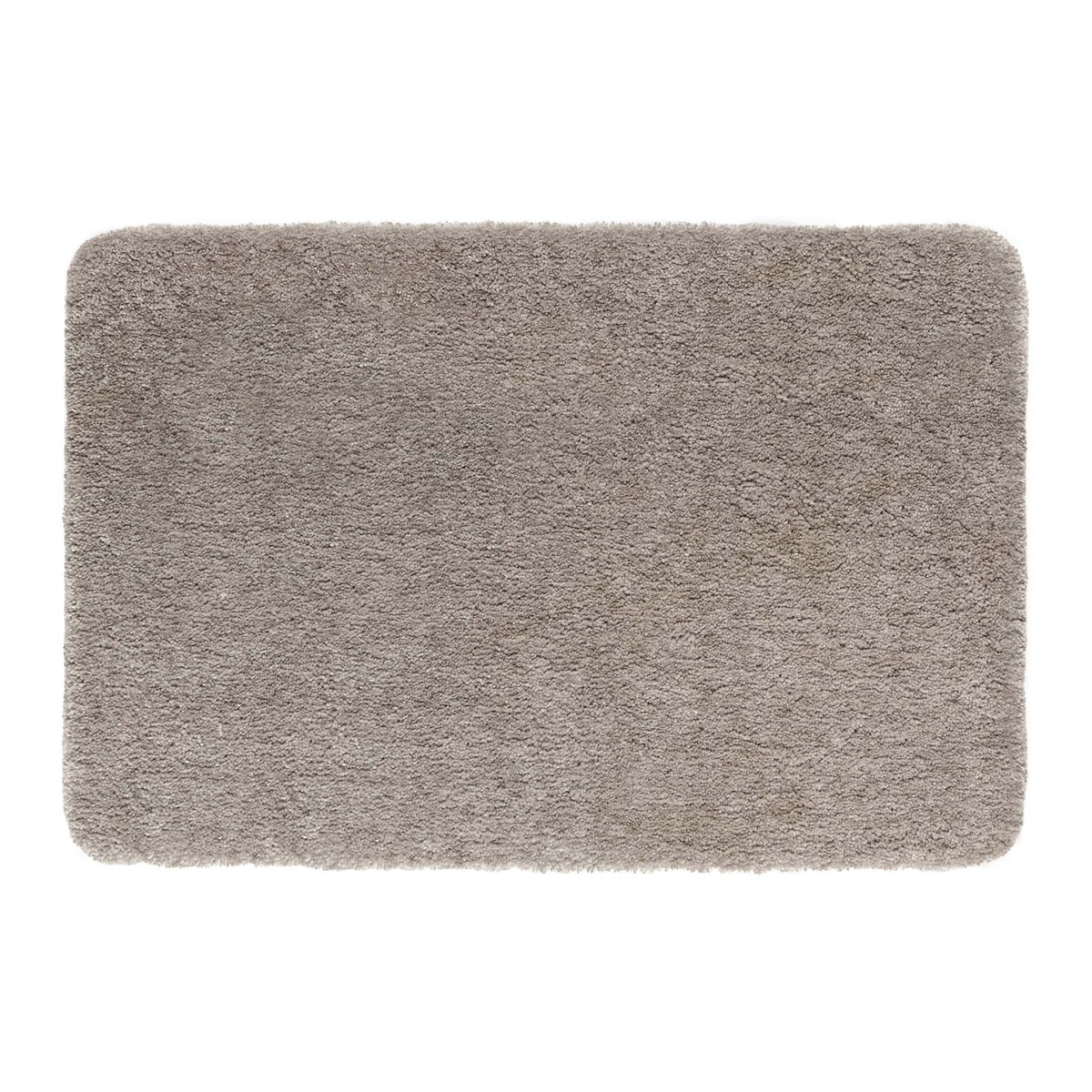 A rectangular shag rug in a warm stone colour, shown from a top-down view on a solid white background.