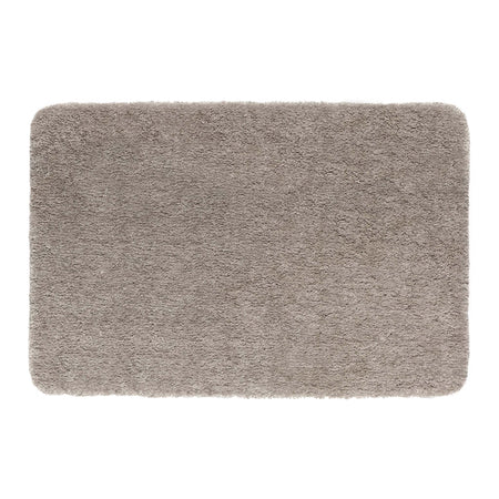 A rectangular shag rug in a warm stone colour, shown from a top-down view on a solid white background.