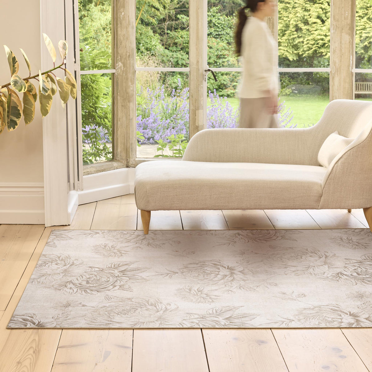Muted Design Rugs Hug Rug Eco-Washable Muted Floral Beige - Phoenox Textiles