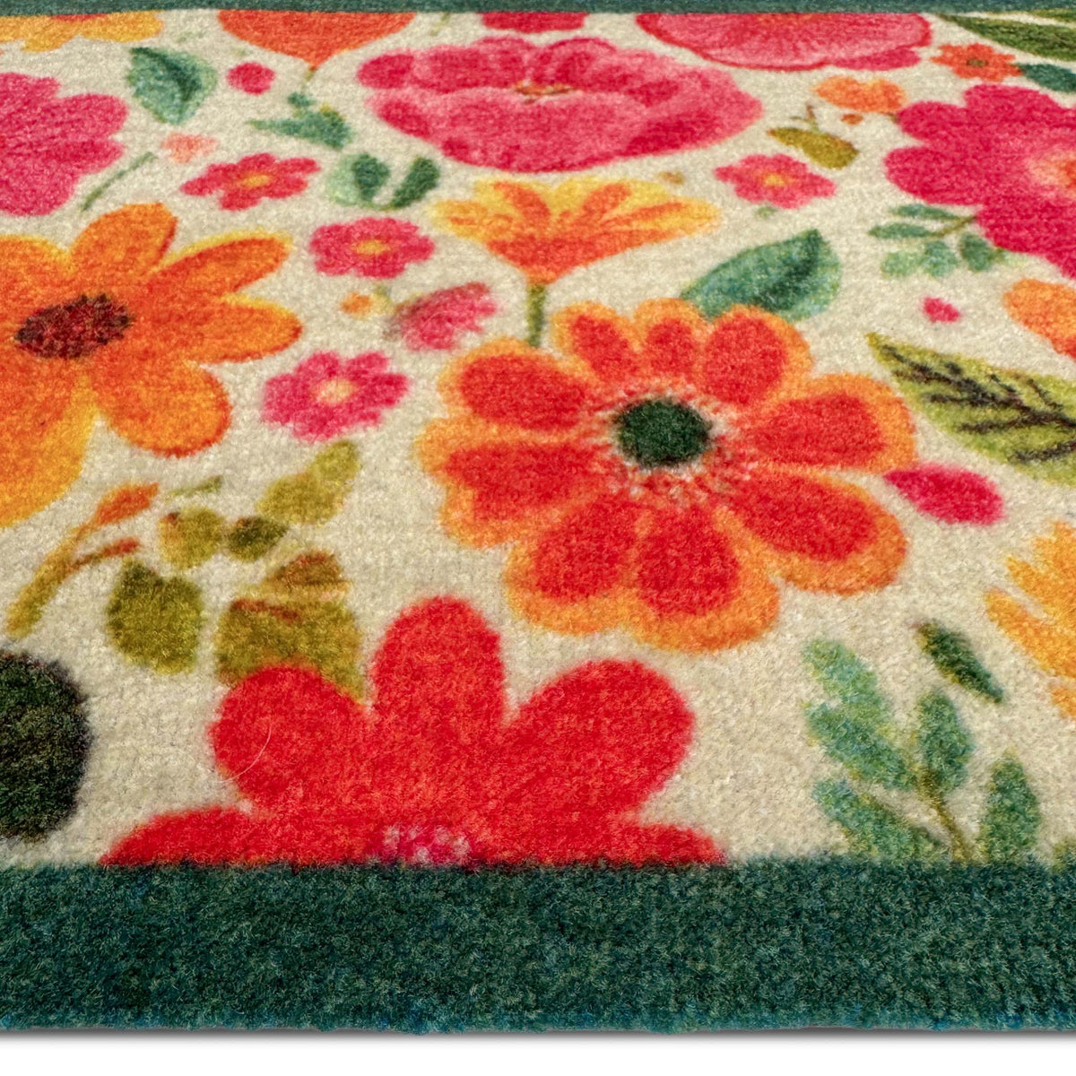 My Bright Blooms- 100% Nylon doormat featuring yellow, red and pink blooms.