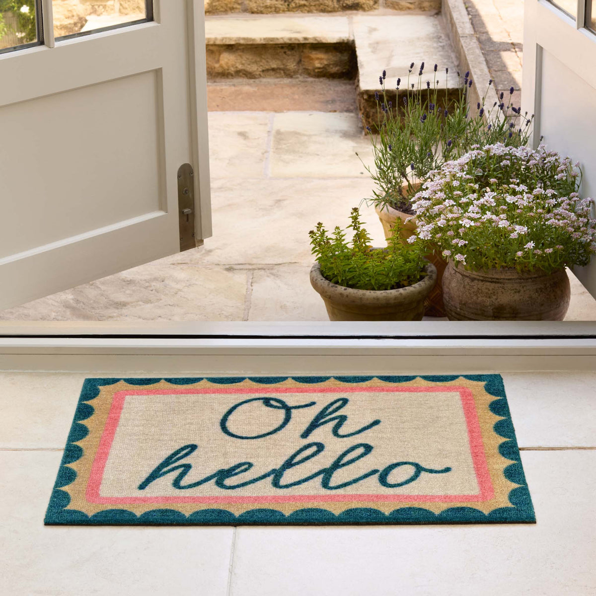 My OH Hello Doormat- 100% nylon doormat featuring a patterned border with 'oh hello' written in the centre.