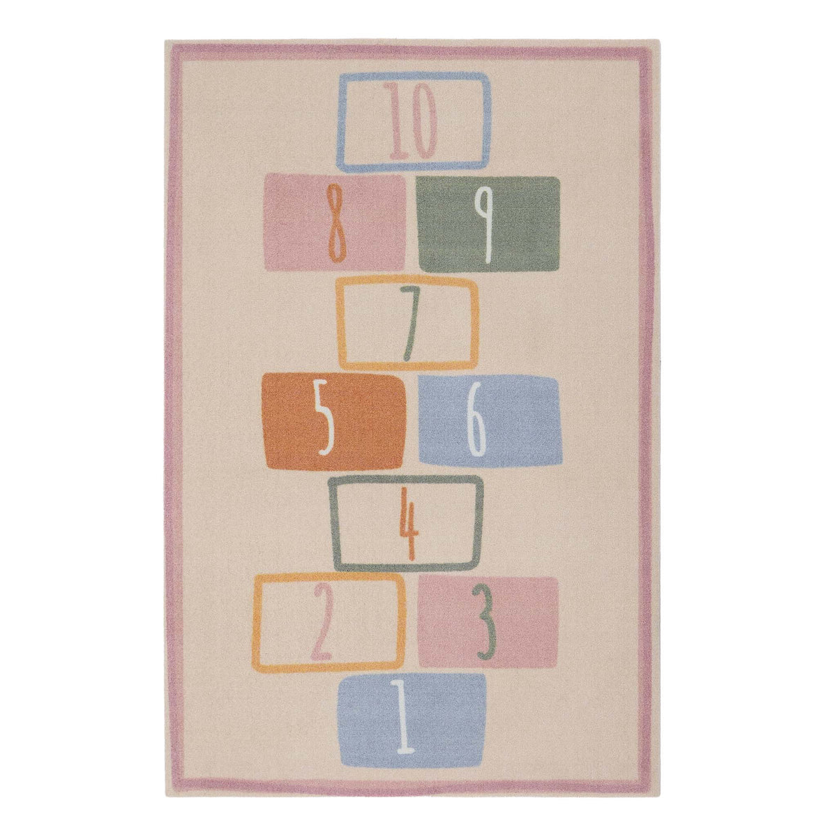 Children's rug with colorful number blocks on a beige background