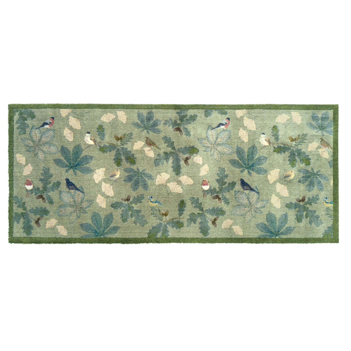 A rectangular area runner with a woodland pattern featuring blue birds, green leaves, and cream-colored acorns on a sage green background, finished with a solid green border.