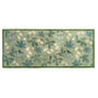 A rectangular area runner with a woodland pattern featuring blue birds, green leaves, and cream-colored acorns on a sage green background, finished with a solid green border.