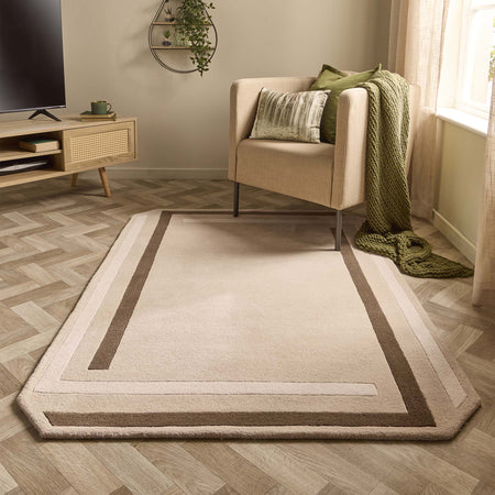 Contour Beige/Brown Rug- 100% wool rug white and brown border. 
