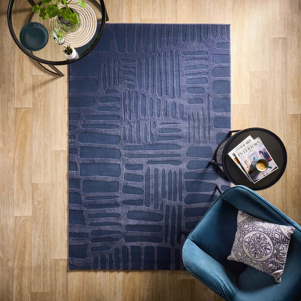 Pathway Navy Rug- 100% polyester rug in blue featuring geometric pattern.